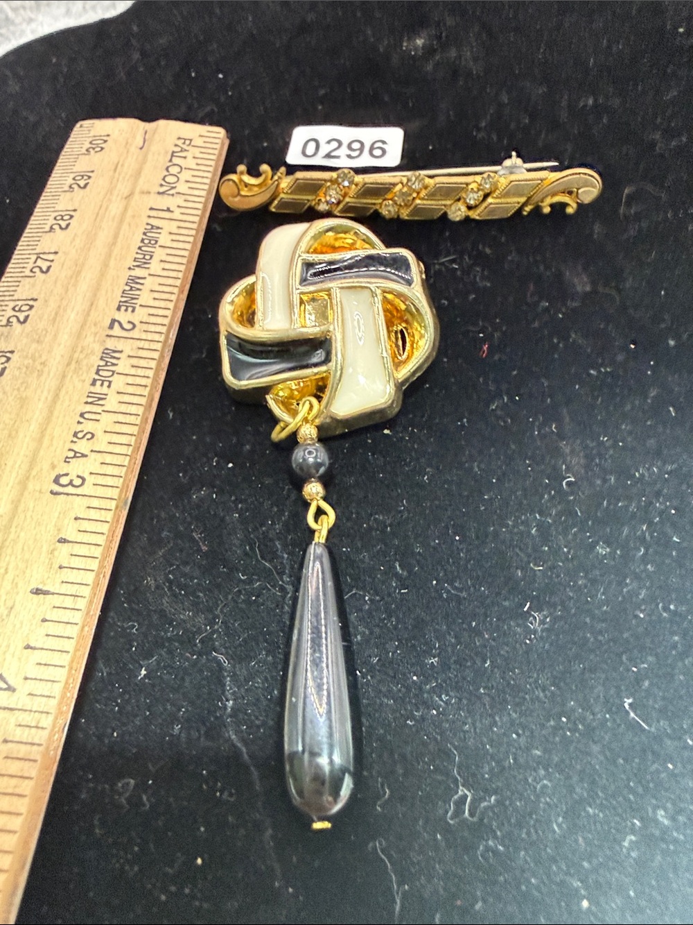 Gold-Tone Black & Cream Enamel Knot Drop Brooch Teardrop